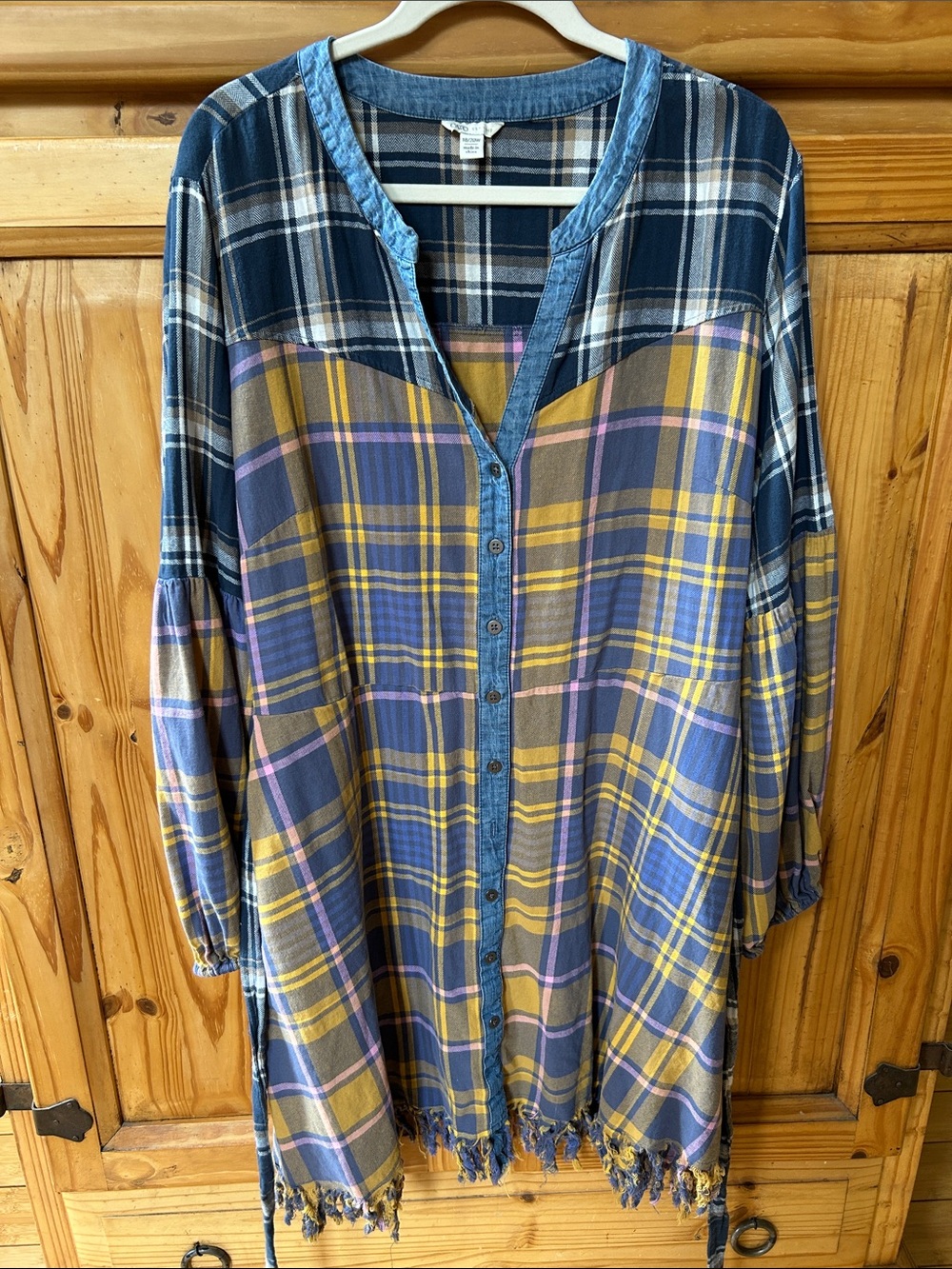 CATO Tunic Dress Plaid Button-Front with Fringe Hem 100% Cotton Long Sleeve XL